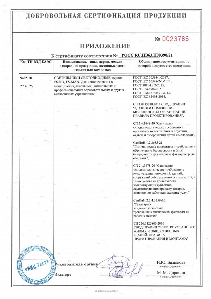 Сертификат светильников для поликлиник, больниц и др. медицинских учреждений.